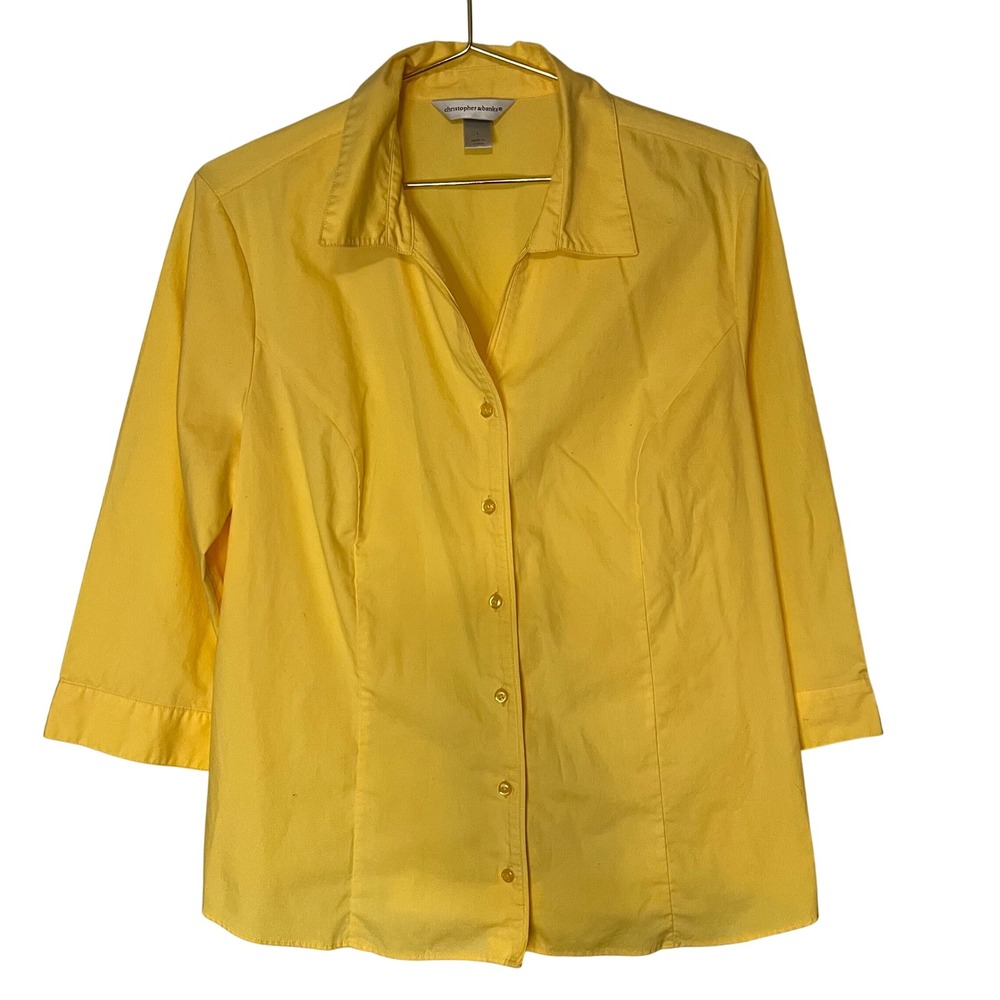 Christopher & Banks Yellow Button Down Shirt 3/4 Sleeve Cotton Blend Womens L